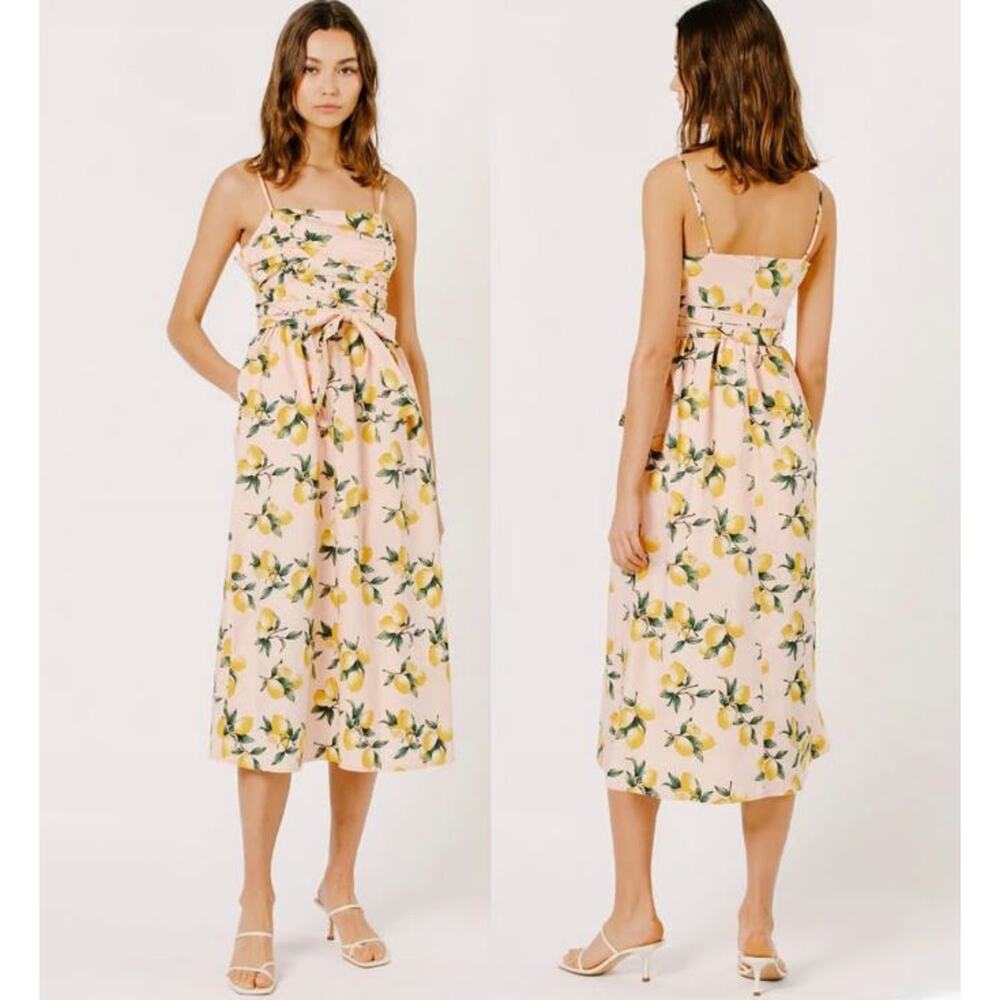 Moodie Belted Poplin Lemon Pleated Midi A-Line Dress Light Pink Women's Size XS